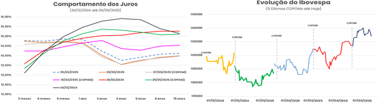 Gráficos mostram a trajetória da curva de juros entre dez/2024 e jun/2025, com queda nas expectativas de longo prazo, e a valorização do Ibovespa após reuniões do COPOM, superando os 140 mil pontos.