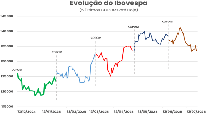 Gráfico da variação do Ibovespa entre dezembro de 2024 e julho de 2025 com marcação dos efeitos das últimas cinco decisões do COPOM.